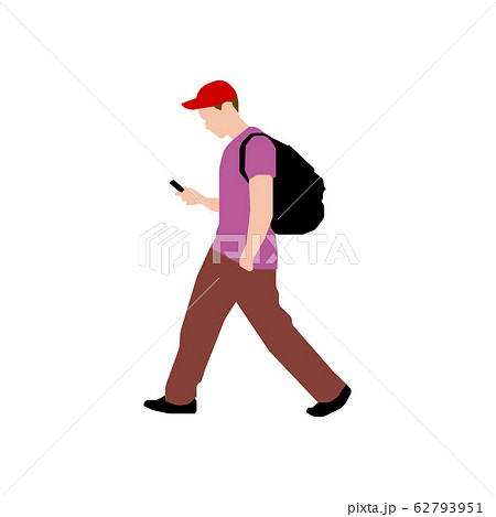 歩いている人物 歩行者 全身 横向き シルエットイラスト 帽子をかぶった若者のイラスト素材