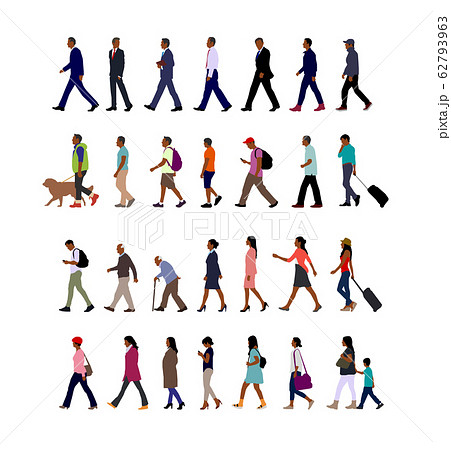 歩いている人物 歩行者 全身 横向き シルエットイラストセット 黒人 のイラスト素材