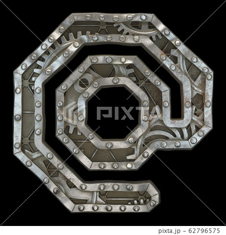 Mechanical alphabet made from rivet metal with gears on black background. Symbol at . 3D Mechanical alphabet made from rivet metal with gears on black background. Symbol at . 3D 62796575