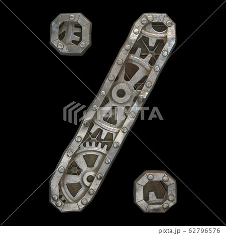 Mechanical alphabet made from rivet metal with gears on black background. Symbol percent . 3D Mechanical alphabet made from rivet metal with gears on black background. Symbol percent . 3D 62796576