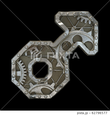 Mechanical alphabet made from rivet metal with gears on black background. Symbol male. 3D Mechanical alphabet made from rivet metal with gears on black background. Symbol male. 3D 62796577