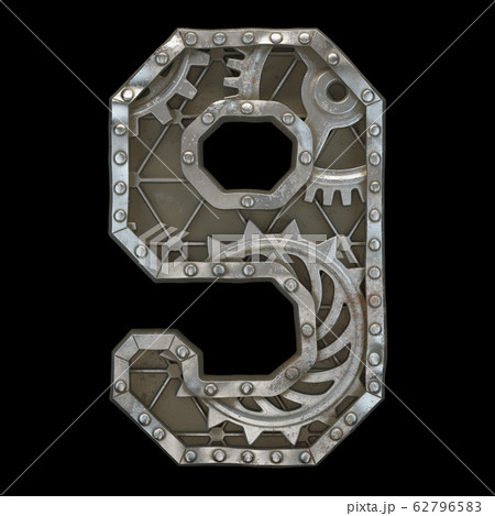 Mechanical alphabet made from rivet metal with gears on black background. Number 9. 3D 62796583