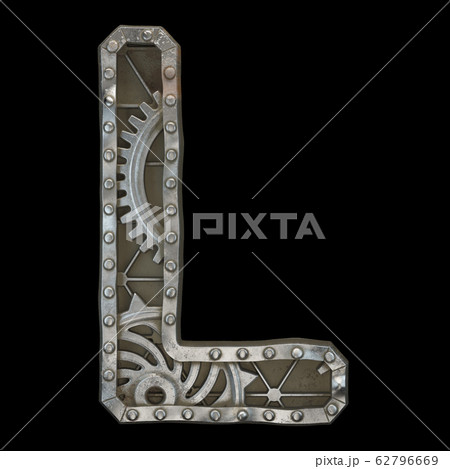 Mechanical alphabet made from rivet metal with gears on black background. Letter L. 3D 62796669