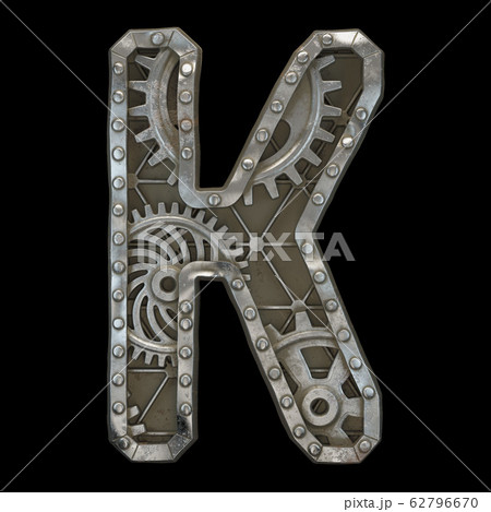 Mechanical alphabet made from rivet metal with gears on black background. Letter K. 3D 62796670