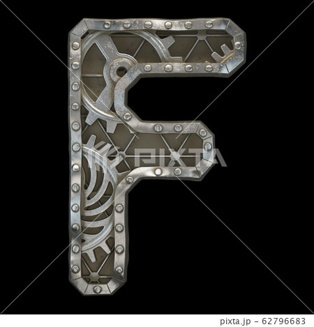 Mechanical alphabet made from rivet metal with gears on black background. Letter F. 3D 62796683