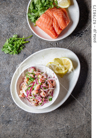 CHILEAN SALMON SEVICHE. Fresh raw salmon marinaded 62798175