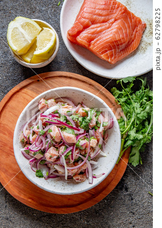 CHILEAN SALMON SEVICHE. Fresh raw salmon marinaded 62798225