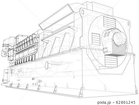 High voltage industrial standby dieasel generator at a power generation. The layers of visible and invisible lines are separated. EPS10 format. Wire-frame 62801245