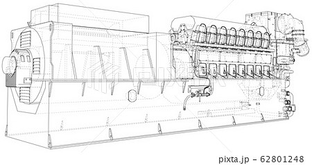 Generator. Diesel and gas industrial electric generator. The layers of visible and invisible lines are separated. Wire-frame outline Generator. Diesel and gas industrial electric generator. The layers of visible and invisible lines are separated. Wire-frame outline 62801248