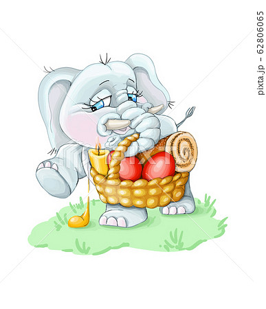 vector illustration Happi Easter,pink baby elephant carries a basket with red eggs 62806065