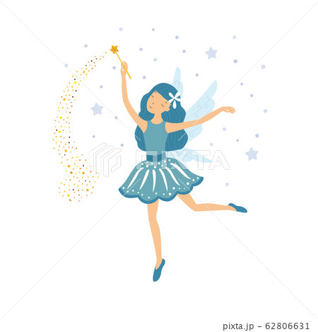 Cute blue fairy in flight with a magic wand Cute blue fairy in flight with a magic wand 62806631