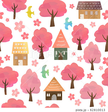 水彩テクスチャ 桜の木と町並みのシームレスパターンのイラスト素材