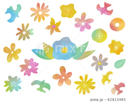 水彩テクスチャ 花と鳥のイラストセットのイラスト素材