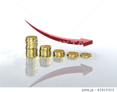 CGイラスト 減少するグラフ状に並んだコインと矢印 無地 CGイラスト 減少するグラフ状に並んだコインと矢印 無地 62815423