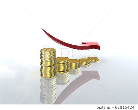 CGイラスト　減少するグラフ状に並んだコインと矢印　無地 62815424