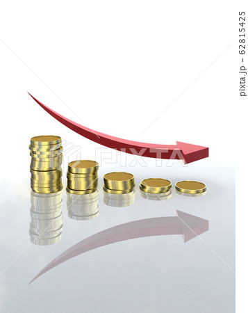 CGイラスト 減少するグラフ状に並んだコインと矢印 無地 CGイラスト 減少するグラフ状に並んだコインと矢印 無地 62815425
