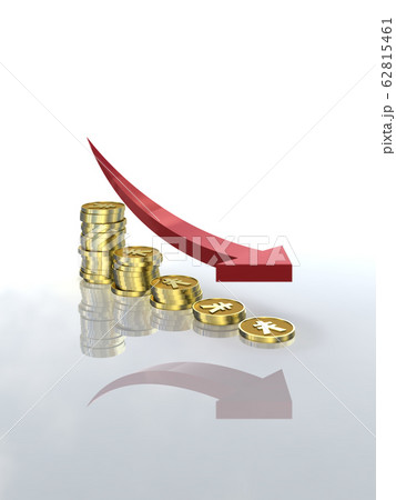 CGイラスト　減少するグラフ状に並んだコインと矢印　円 62815461