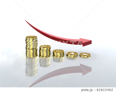 CGイラスト　減少するグラフ状に並んだコインと矢印　円 62815462