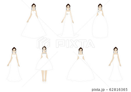 さまざまな種類の真っ白なウエディングドレスを着た女性のイラスト素材