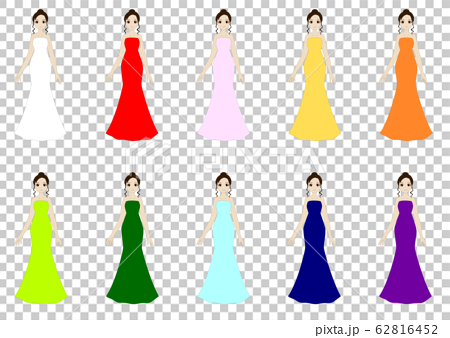 マーメイドラインのカラフルなウエディングドレスを着た女性のイラスト素材