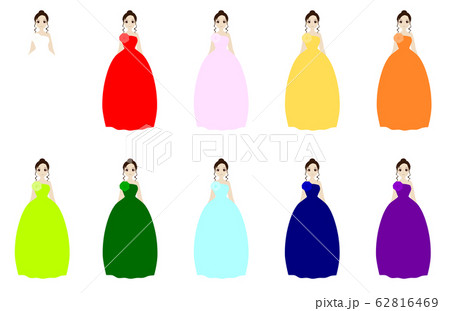 ベルラインのカラフルなウエディングドレスを着た女性のイラスト素材 ベルラインのカラフルなウエディングドレスを着た女性のイラスト素材