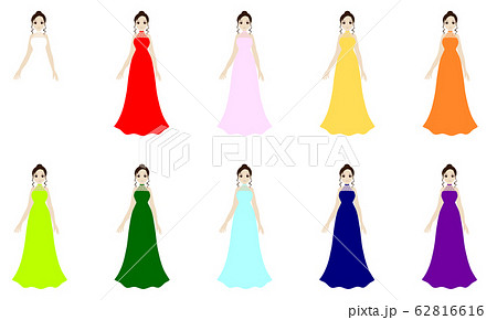 スレンダーなタイプのカラフルなウエディングドレスを着た女性のイラスト素材