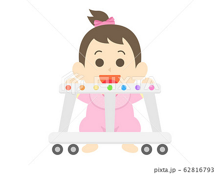 歩行器を使う女の子の赤ちゃんのイラスト素材