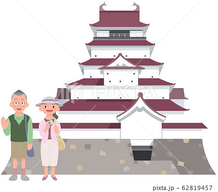 鶴ヶ城イメージとシニアカップル旅行者のイラスト素材