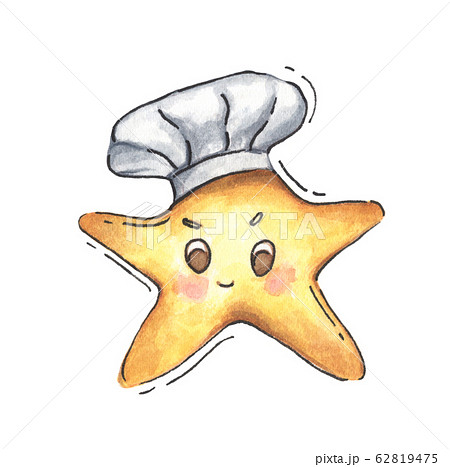 Yellow star in white chef hat. Watercolor illustration. Uniform headgear items. 62819475