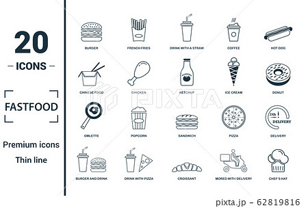 Fastfood icon set. Include creative elements burger, drink with a straw, donuts, chicken leg, delivery icons. Can be used for report, presentation, diagram, web design Fastfood icon set. Include creative elements burger, drink with a straw, donuts, chicken leg, delivery icons. Can be used for report, presentation, diagram, web design 62819816