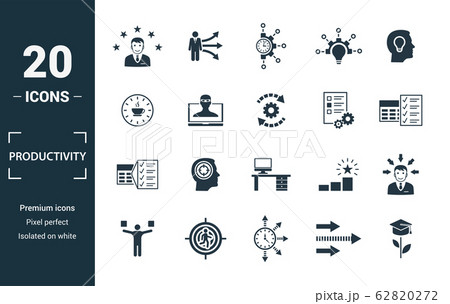 Productivity icon set. Include creative elements skill, time management, coffee break, work plan, daily tasks icons. Can be used for report, presentation, diagram, web design 62820272