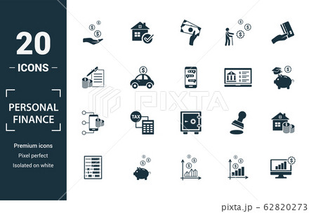 Personal Finance icon set. Include creative elements personal income, personal loan, budgeting, online banking, digital wallet icons. Can be used for report, presentation, diagram, web design 62820273
