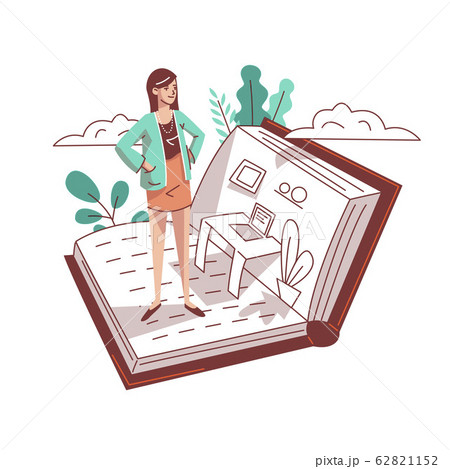 A woman is standing in an open book. A woman is standing in an open book. 62821152