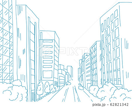 都会のビル街を線でシンプルに描いた背景線画のイラスト素材
