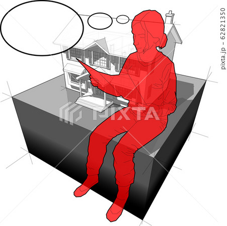 diagram of a classic colonial house and sitting woman reading paper in front of it  with comic thought bubble  62821350