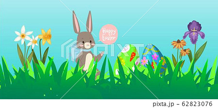 Easter rabbit background with cute bunnies, baby rabbit and grass, spring flowers, colored eggs cartoon vector illustration. 62823076