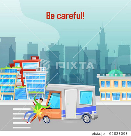Car accident on road in city vector illustration. Be careful placard.The driver did not see pedestrian and knocked him down. Road accident. Car accident on road in city vector illustration. Be careful placard.The driver did not see pedestrian and knocked him down. Road accident. 62823093