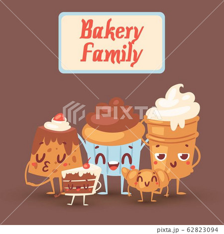 Cute bakery kawaii family vector illustration with yummy cakes, biscuits, bread and cupcakes with eyes. Funny smiling baked cartoon characters for baking shops or cafe. 62823094