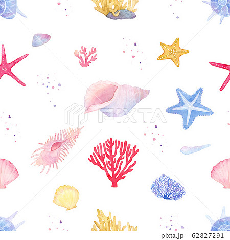 手描き水彩 海のアイテム柄 シームレスパターン 貝殻 サンゴ ヒトデ のイラスト素材
