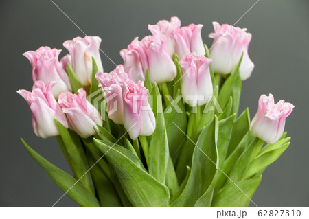 Glass vase with pink tulips on a dark wooden 62827310