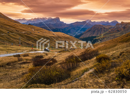 Autumn alpine Dolomites mountain scene near Pordoi Autumn alpine Dolomites mountain scene near Pordoi 62830050