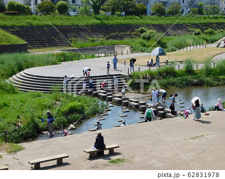 5月の大正川河川敷公園で水遊びする人々 大阪府摂津市 の写真素材