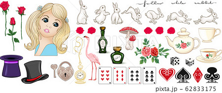 Alice in wonderland set. Alice, rabbit, cat, queen and other elements for design. 62833175