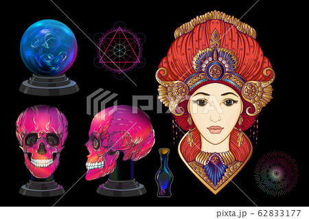Young woman witch, fortune teller with magic ball, human skull, potion. Young woman witch, fortune teller with magic ball, human skull, potion. 62833177