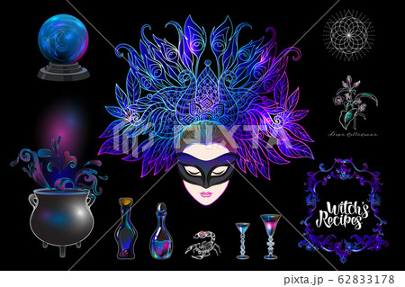 Young woman witch with cauldron, magician plants and animals Young woman witch with cauldron, magician plants and animals 62833178