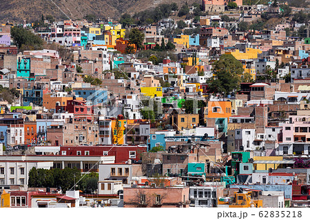 Guanajuato City historic center. Colorful homes built on hillside. Guanajuato State, Mexico. Guanajuato City historic center. Colorful homes built on hillside. Guanajuato State, Mexico. 62835218