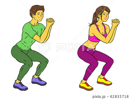 スクワットをするフィットネスインストラクターの男女セット 62835718