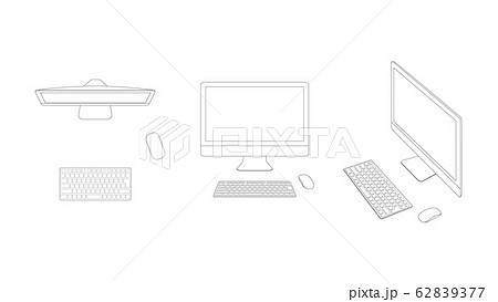 デスクトップパソコン 線画 3パターンのイラスト素材