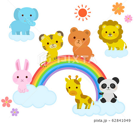 虹の上で遊ぶ 動物たち イラストのイラスト素材