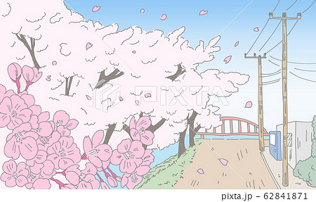 桜が咲く田舎の風景線画のイラスト素材